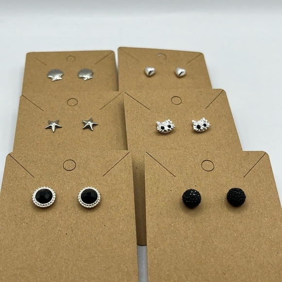 Stud Earrings 6 Pairs Shell Star Heart Cat Round with Rhinestones Ball Earrings - Picture 1 of 10